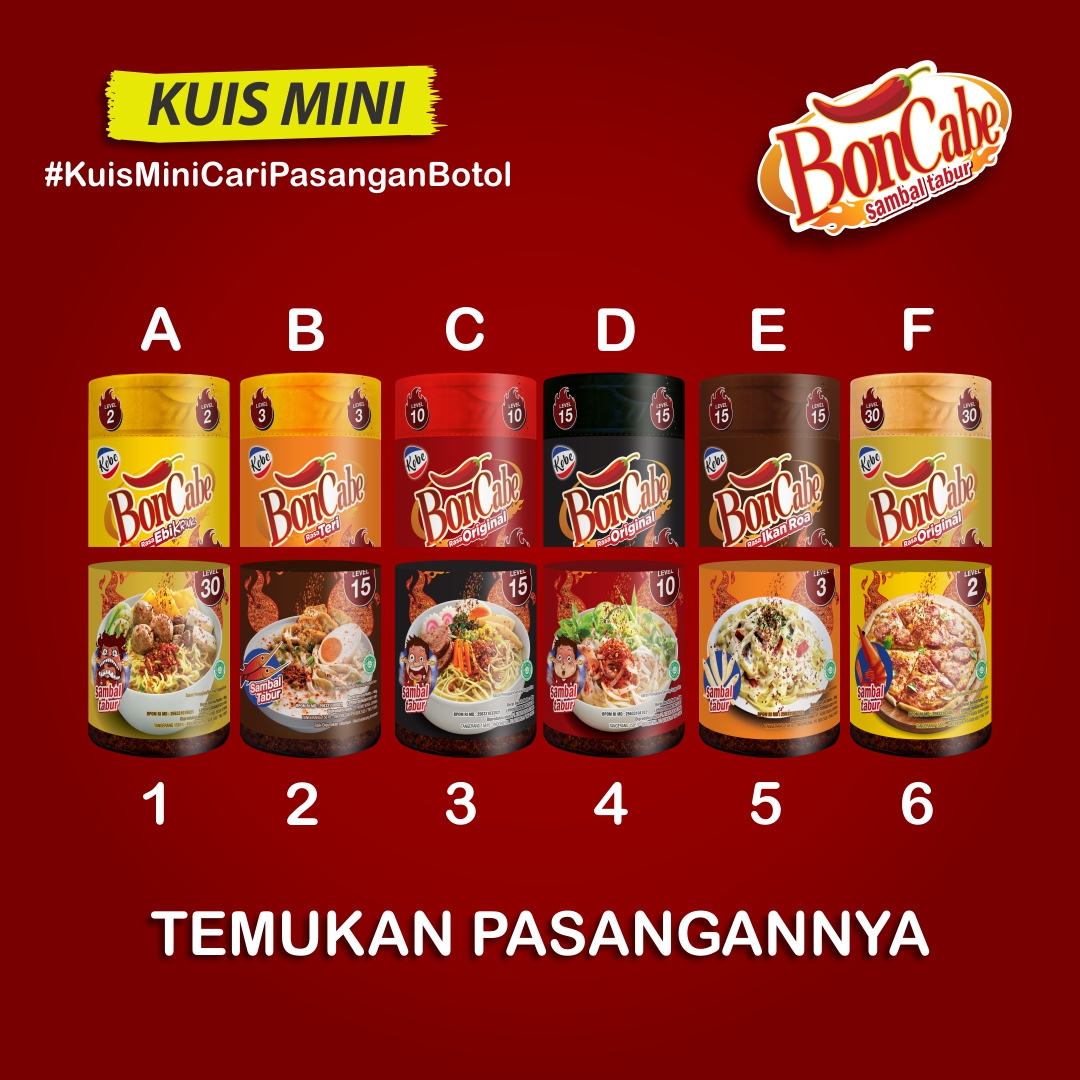 BonCabe's tweet photo. Yuk bantuin cari pasangan botol di gambar!
#KuisMiniCariPasanganBotol

Tulis langsung jawabannya di komen sambil mention 3 akun temen buat ikutan. Jangan lupa, follow akun ini dulu ya, OK? Cuss!

#BonCabe #PedesnyaEnakkeManamana https://t.co/Kx7T1QbWyK