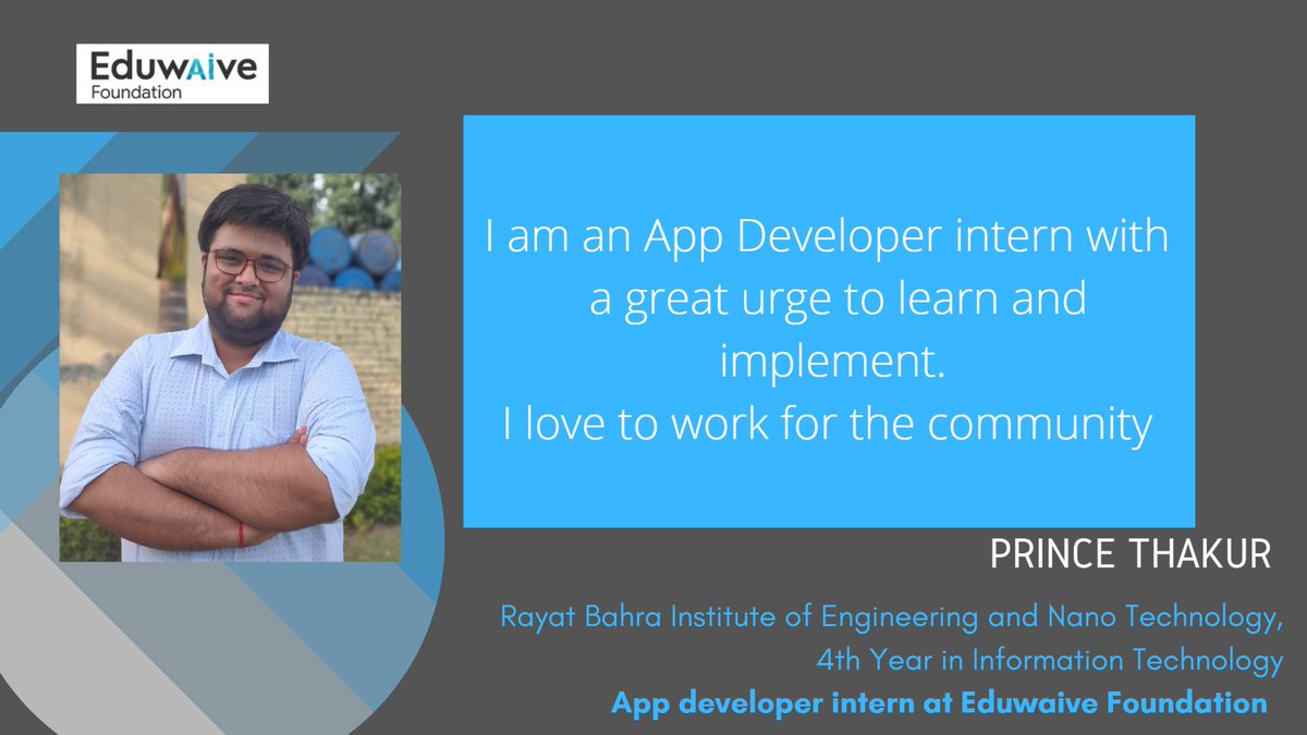 eduwaive's tweet photo. We welcome onboard our App Developer Intern @007thakurprince, 4th Year, Information Technology, @Rayat Institute of Engg. and Nano Technology, Hoshiarpur 

#interships #AI #python #datascience https://t.co/Ifcdthbknl