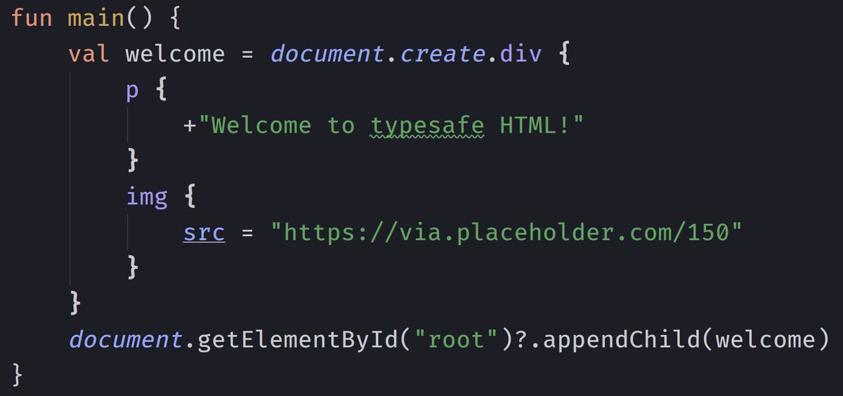 kotlin's tweet image. To write typesafe HTML directly inside your Kotlin code, use the kotlinx.html library. This is especially useful when building apps for the browser using Kotlin/JS! #KotlinTips