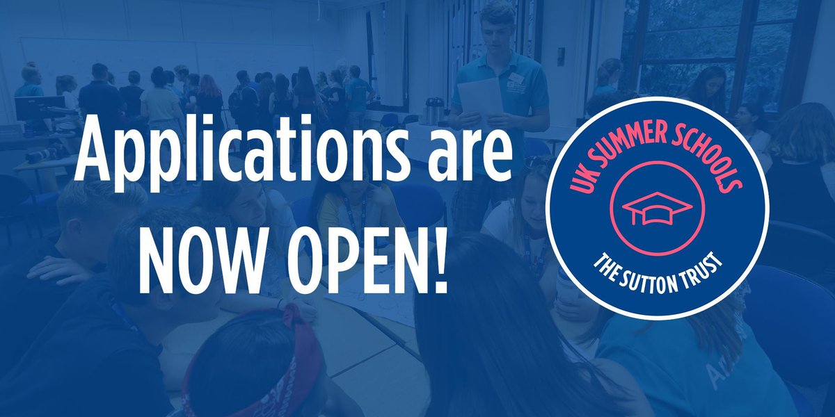 suttontrust's tweet image. Applications for our UK Summer Schools are now open! 

Experience what university is really like, receive help and support with your UCAS application, and meet new people, all for free. 

Apply here: buff.ly/2KsLot0