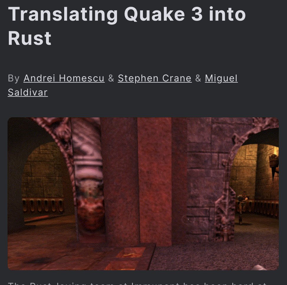 WeArePirple's tweet photo. Translating Quake 3 into Rust

https://t.co/mOTLAqMQ1A

#Rust #RustLang #Quake #Quake3 https://t.co/n9ToxIMSOo