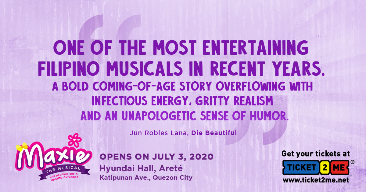 Ticket2MeNet's tweet photo. MAXIE THE MUSICAL 2020 | Tickets: https://t.co/ti7YZkHxSh | July 3–August 9, 2020 | Hyundai Hall, @AreteAteneo

Bit by Bit Company's #MaxieTheMusical returns in July 2020! Avail of discounted early bird tickets for opening night!

#Ticket2Me helps you #TicketEasy! #Maxie2020 https://t.co/4VRjZXwMHm