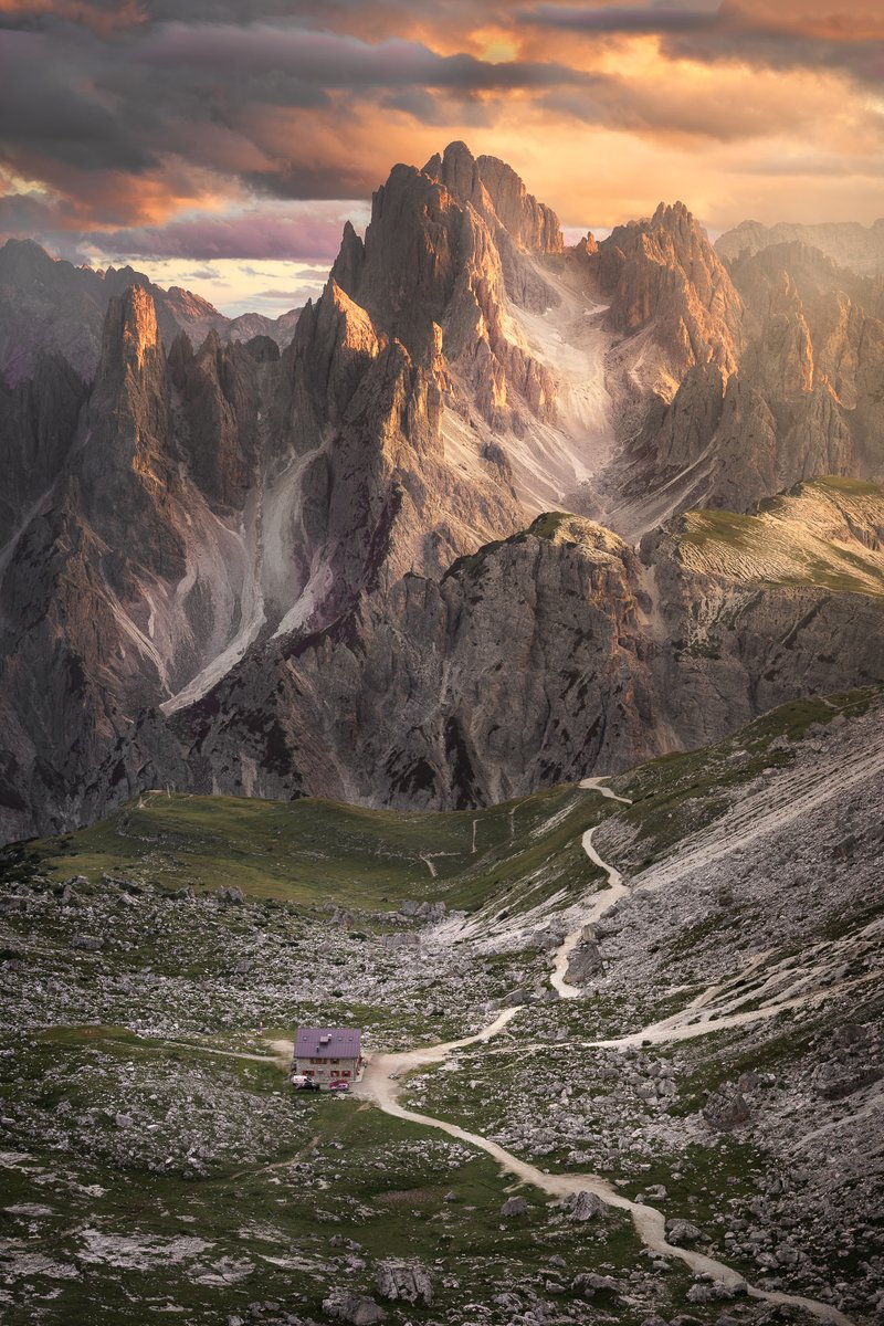 Refugio Lavaredo at Sunset, The Tre Cime Natural Park, Sexten Dolomites, Italy