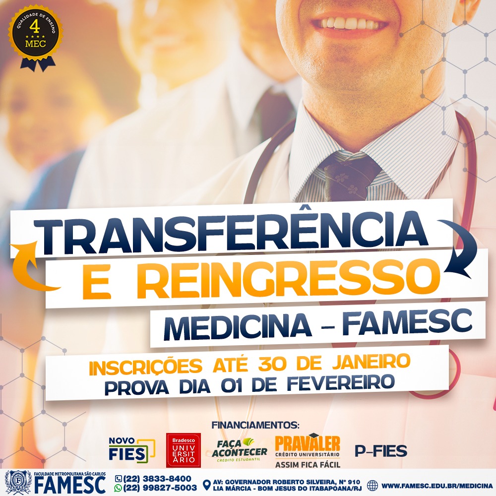 FamescR's tweet photo. 🚨 Transferência e Reingresso de Medicina 🚨
📅 Prova dia 01/02/2020
Mais informações: https://t.co/zYngG8vW38
#famesc #vemparafamesc #medicina #transferênciaereingresso #bomjesusdoitabapoana #digasimparaseufuturo #simplifiquesuasescolhas https://t.co/3axr1TOr8D