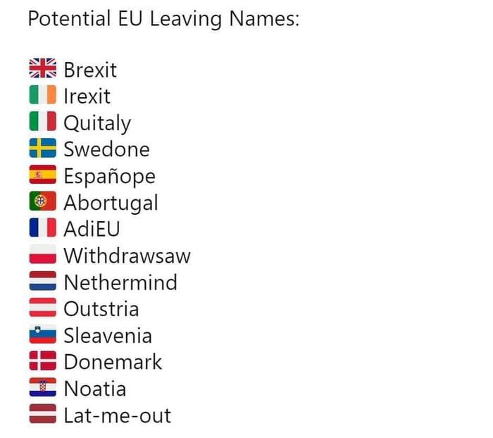 hermespradojr's tweet photo. Se outros países saírem da União Européia, eis os potenciais nomes para o processo:
😀 😀 😀
#Brexit #euleave #eu https://t.co/Ihat3DGskq