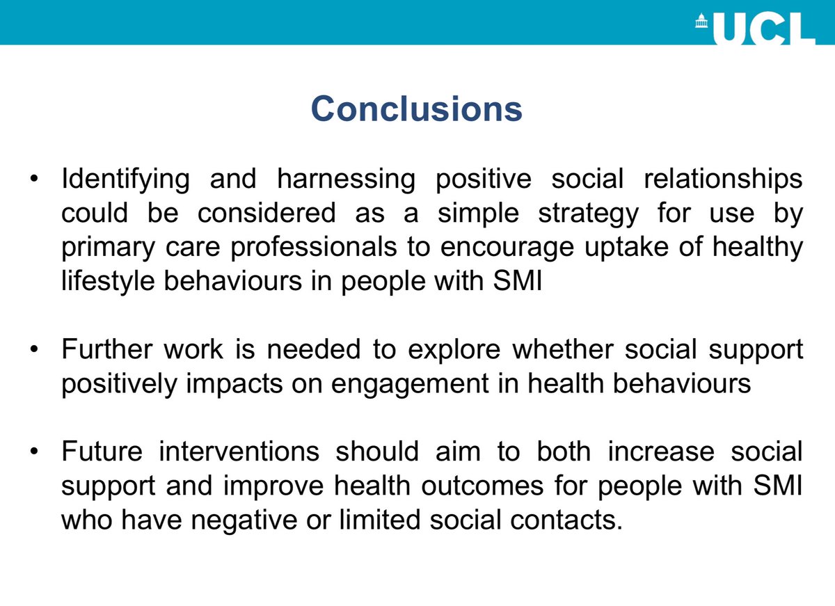 <a href="/UCLPsychiatry/">UCL Psychiatry</a> <a href="/osborn_ucl/">David Osborn</a> Future interventions should aim to both increase social support and improve health outcomes for people with SMI who have negative or limited social contacts 
- Alexandra Burton from <a href="/UCLPsychiatry/">UCL Psychiatry</a> speaking at #mhloneliness