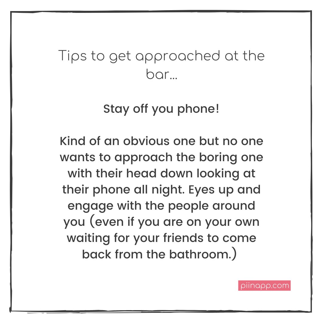 Today's tip is to stay off your phone! Yes even if you're friends leave you alone while they head to the bar! It'll feel unnatural at first but will open you up to make eye contact with all the hotties around you.⁠

#piin #datingtip #datingadvice