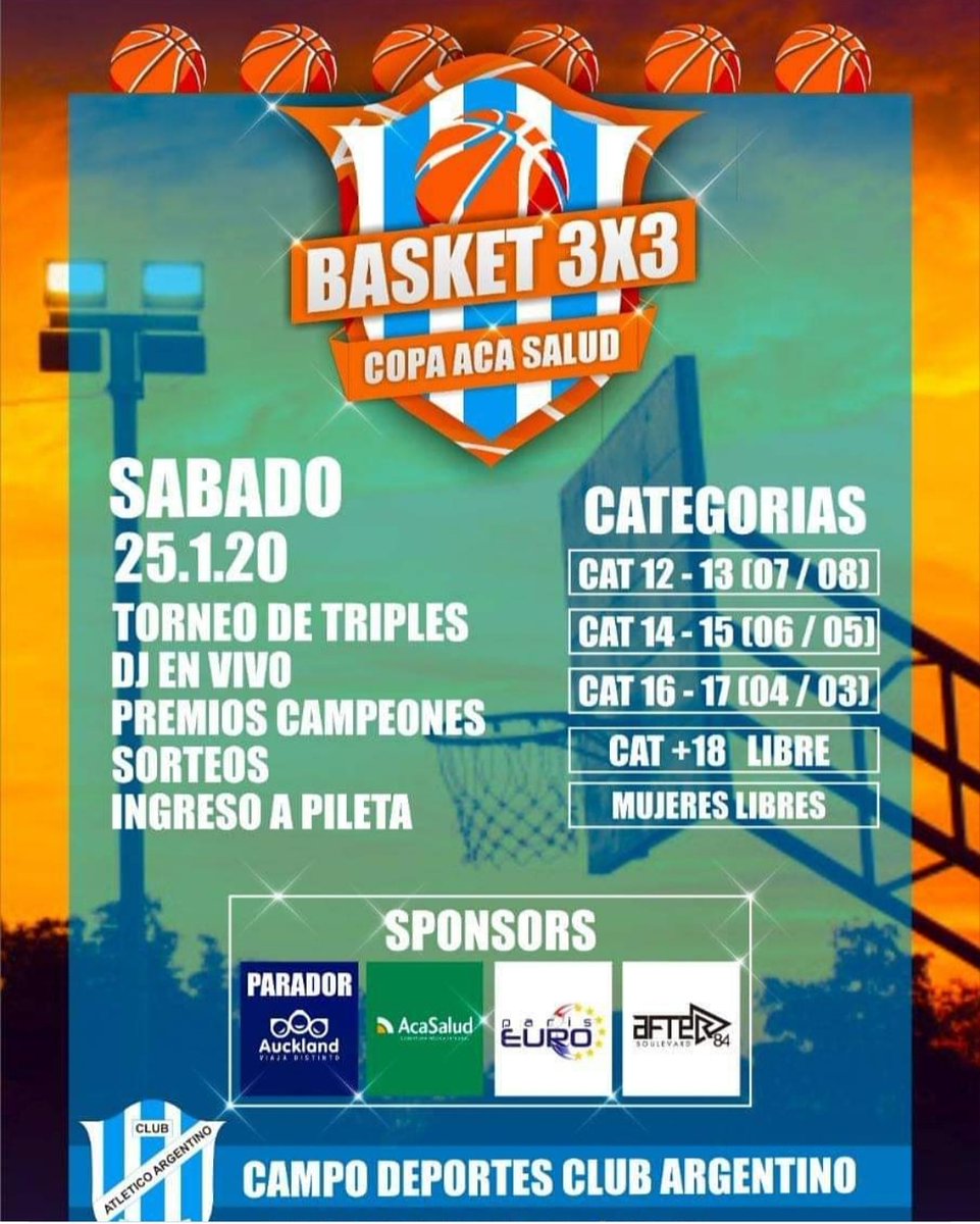 Anotate en el Torneo de "Básket 3x3"...

Se pone en juego la "Copa Aca Salud" el próximo 25 de enero. 

Otro gran evento en nuestro Campo de Deportes. Vení a jugar y divertirte. Habrá DJ en vivo, premios, sorteos, acceso a la pileta. No te lo pierdas¡¡