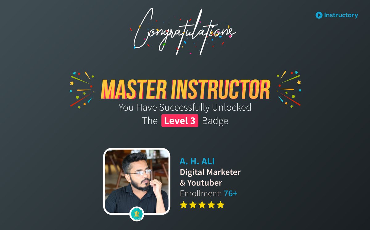 the_instructory's tweet photo. Congratulations to Instructor Mr. A.H. Ali for unlocking Level 3 - "Master Instructor" Badge with 76+ enrollment on his Superb Video Series Tutorial - "Youtube Marketing A2Z Full Course"

Course Link: https://t.co/QlF0eyQRQU
Sign Up: https://t.co/mi2mb4EbCT

#Instructory https://t.co/EBdQClIzCr