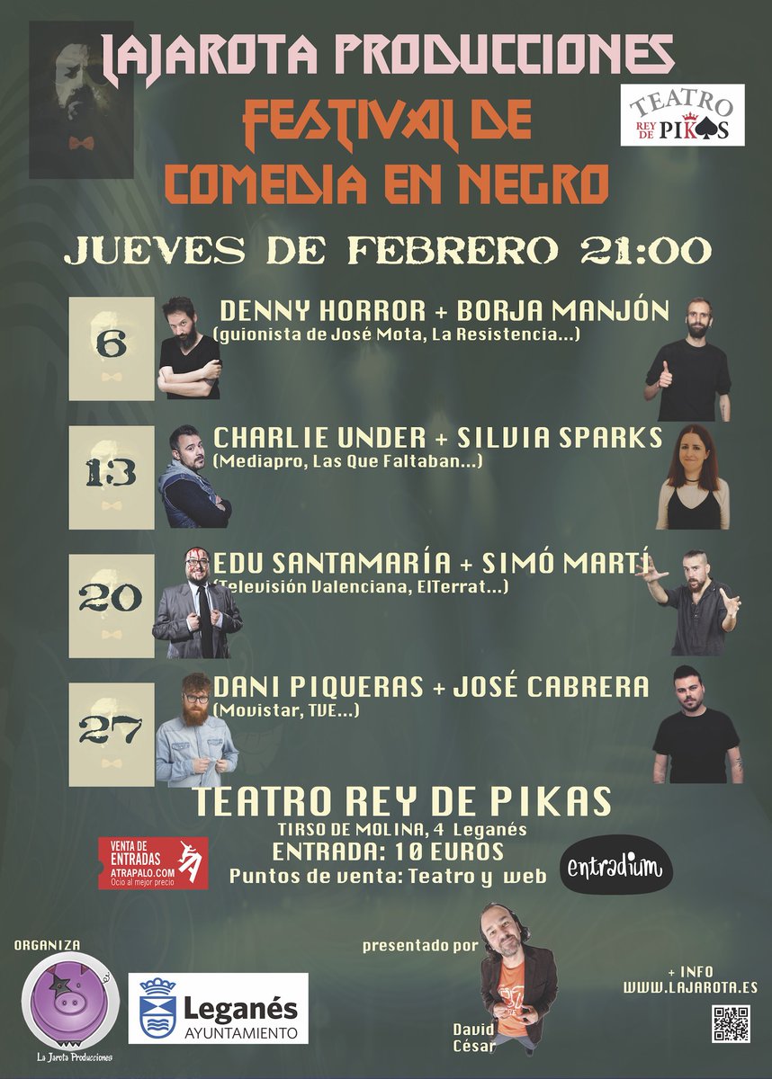 LaJarota's tweet photo. FESTIVAL DE COMEDIA EN NEGRO DE LEGANÉS. ¡Escoge tu jueves de febrero o ven a todas! ¡En breve a la venta! #Humor #Monólogos #Comedia #Leganés https://t.co/gNNLpFx5aD