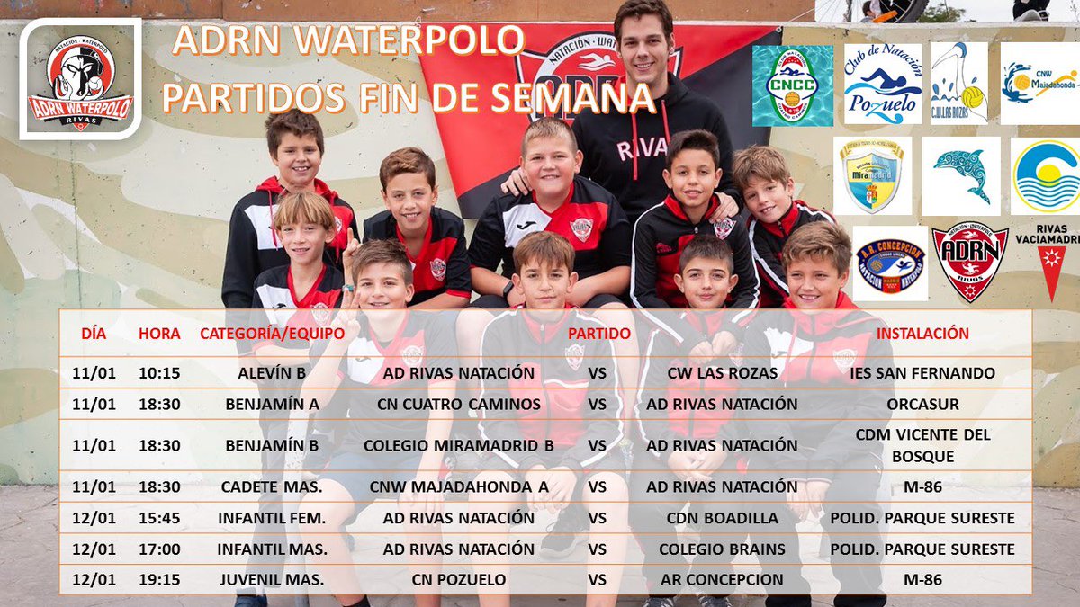 ADRN_WP's tweet photo. Después de unas fiestas y un merecido descanso volvemos a lo que nos gusta el #waterpolo. Partidos para el fin de semana. #Rivas123 @fmn_oficial @RivasAlDia #JJDDMM https://t.co/9GN2Igvmm6