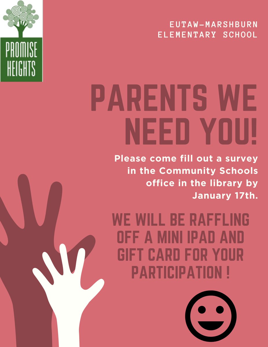 eaglecommsch's tweet photo. Earn a chance got win an iPad mini or a gift card to the Cheesecake Factory by completing a survey in the Community School Office https://t.co/Aagi7GDLfq