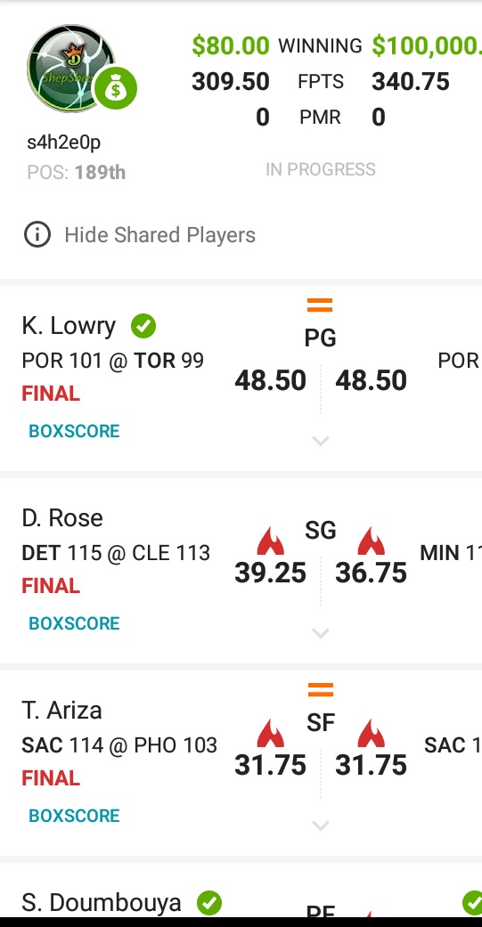 DFS_ShepSheat's tweet photo. Had a good hit last night. If your not a member yet your missing out on alot of wins. Direct message me for $10 off rest of season. Multiple projection models. Cash and gpp algorithms. #draftkings #nba https://t.co/UvsQIN02lf