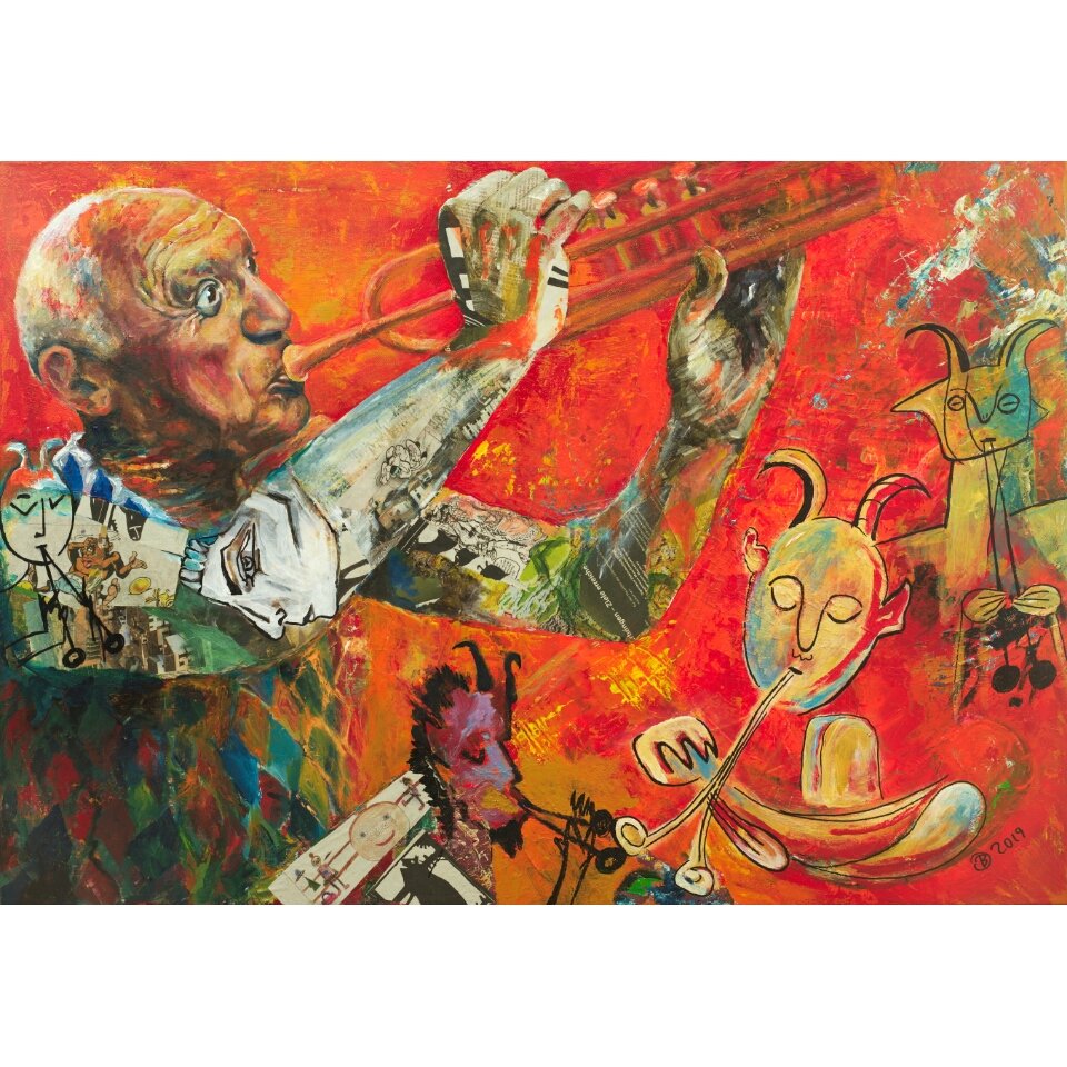 PortraitinOil's tweet photo. Brand new portrait of #Picasso playing the #trumpet. (he really did!)
.
Oil, acrylic &amp; collage on canvas, 2019
.
Part of my #Picasso_Portrait_Series
.
#brigittedietz 
.
#Heidelberg #portrait #portraitpainter #portraitpainting 
#portraitmaler #portraitpaintings  #PabloPicasso https://t.co/Dm36yVbJbD