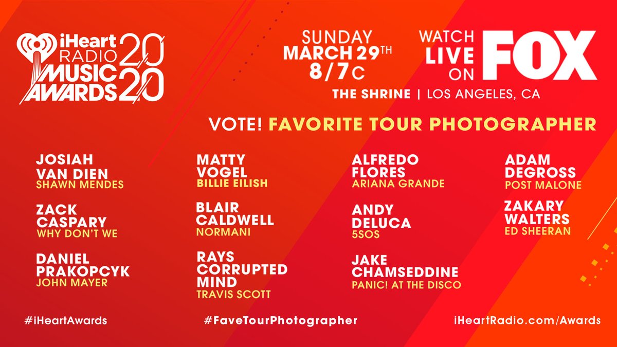iHeartRadio's tweet photo. These are the nominees for #FaveTourPhotographer at the 2020 #iHeartAwards 📷

https://t.co/aPueslpaIw https://t.co/bQ3pPuWERD