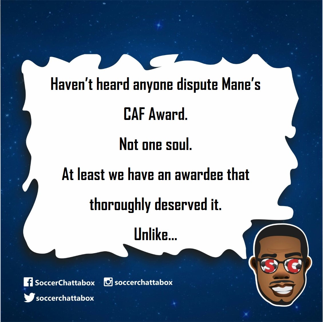 SoccerChattabox's tweet photo. #SCThoughts
If I speak any further, I'll be in serious trouble...
🙄 
#Mane #SadioMane #CAFAwards #CAFAwards2019 #Africa #CAF #Soccer #Football https://t.co/tzrpxlat9E