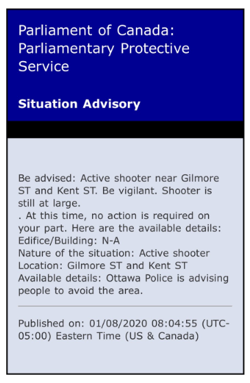 CBCAlerts's tweet photo. @CBCNews Ottawa police have not confirmed this is the case, but the Parliament of Canada Protective Service has just sent out a message to federal government employees warning of an 'active shooter' who is still at large. The message is stamped 8:04 am ET. https://t.co/qUyvSJEJJN