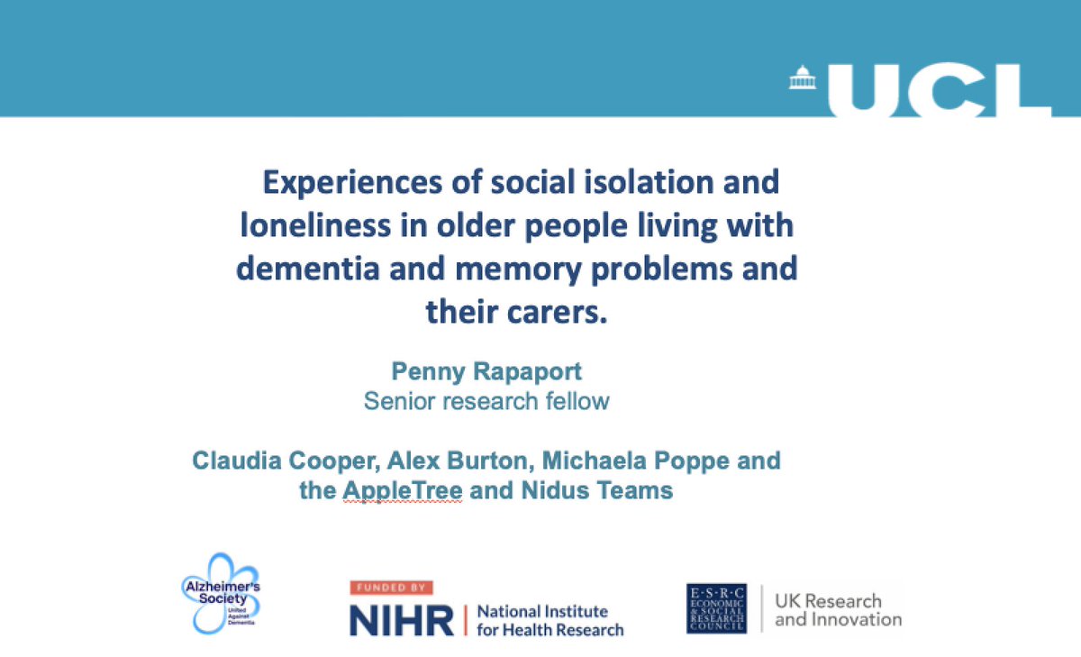 Welcome back from lunch! Next up at #MHLoneliness is Penny Rappaport (not on Twitter) from <a href="/UCLPsychiatry/">UCL Psychiatry</a> "Experiences of social isolation and loneliness in older people living with dementia and memory problems and their carers"