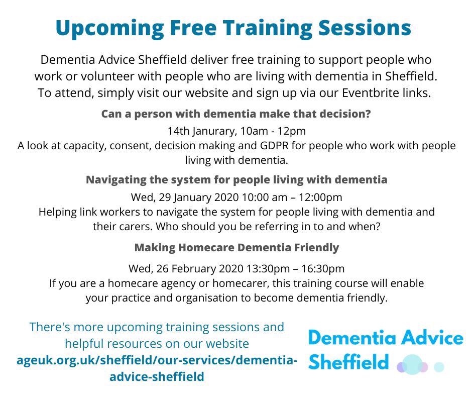 dementiaadshef's tweet photo. Here's a peek at just some of our upcoming free training sessions available to everyone in Sheffield who works or volunteers with people living with dementia. To find out more and sign up to attend, just follow the link in our bio! #sheffield #dementia https://t.co/VjA4P3JT9s