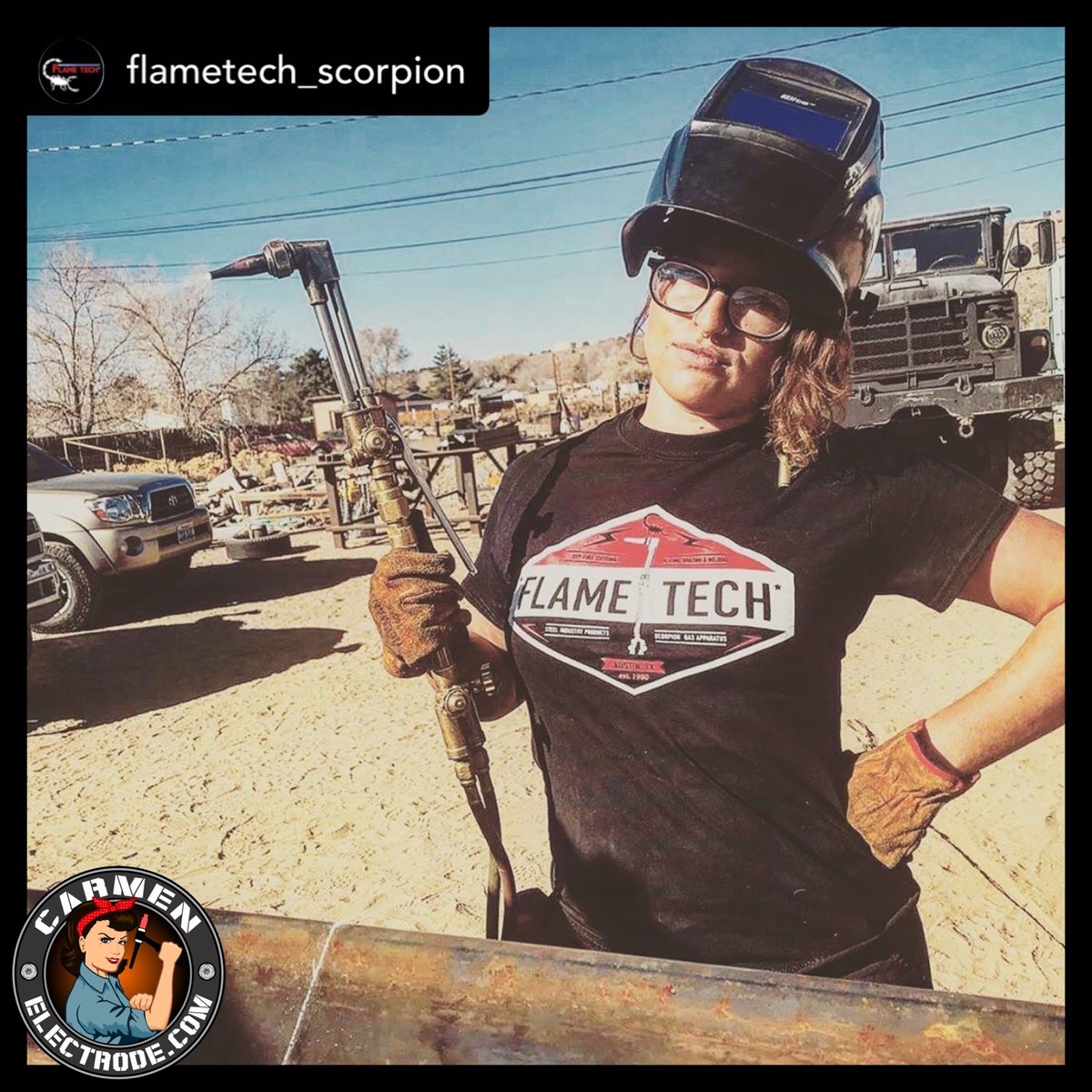 carmenwelds's tweet image. @deadneckwelder repping the ole Flametech in the heat 🔥🦂👩🏻‍🏭 

#repost @flametech_scorpion #flametech #womenwelders #gasaxe #oxyacetylene #oxyfuelcutting #welders #weldingrepair #instagram #bluecollarbabes #womenwhoweld #respect #carmenelectrode