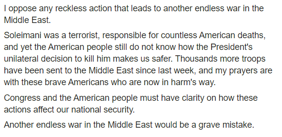 CarolynBMaloney's tweet photo. Soleimani was a terrorist and murderer. But the President has not yet explained how the unilateral decision to kill him makes us safer. 1000s of troops are now in harm's way. I pray for them &amp; oppose another endless war in the Middle East.

Full statement: https://t.co/0g9LcvdhCN