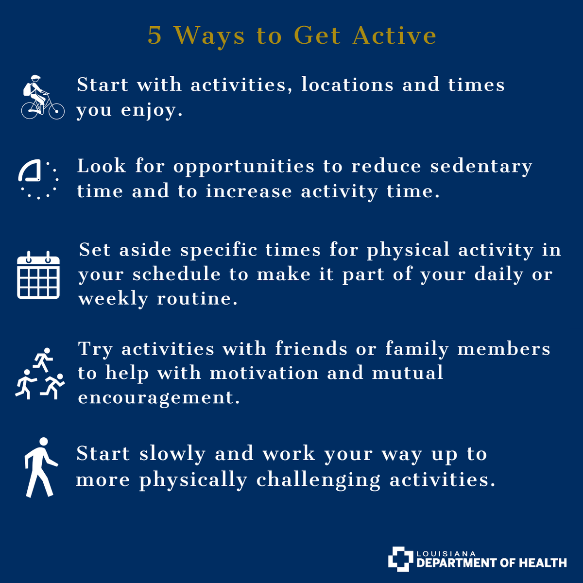 LADeptHealth's tweet photo. If you've not been physically active in a while, you may be wondering how to get started again. Lace up those sneakers and find five motivating ideas here to help you get out and be more active. #LDHImprovingHealth https://t.co/pTLwyDWvRf