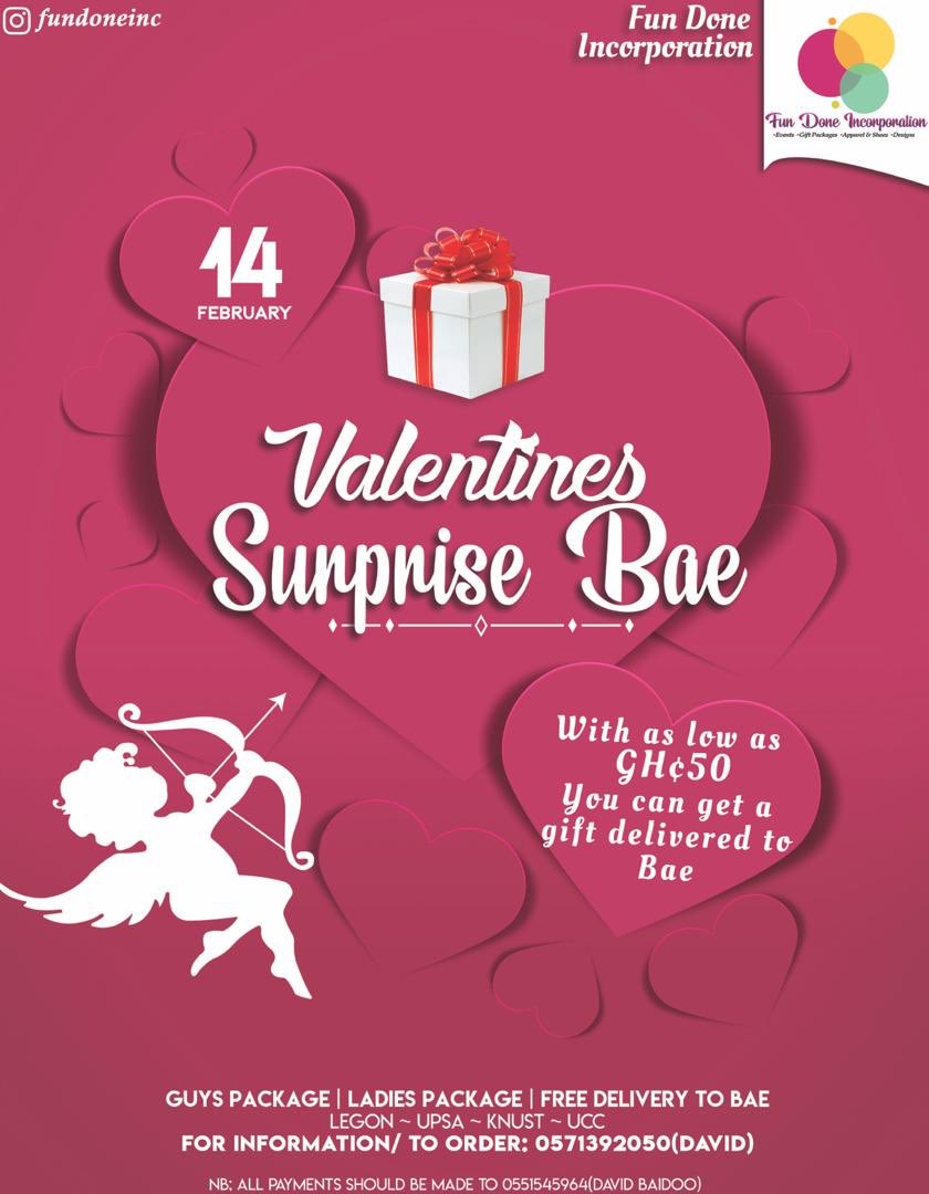 FundoneInc's tweet photo. It’s Finally here Guys 🥳🥳🥳.  SurpriseBae20.  Vals day is coming guys ❤️ and we are here to make it a memorable one. Let us surprise that loved one of yours ☺️ with our affordable packages 🎁 🎁.   And Oh 😉, Delivery 🚚 to Bae is freeee 🥰🥰.  Please Retweet. 🙏🏽 https://t.co/yrDOxZXoHU