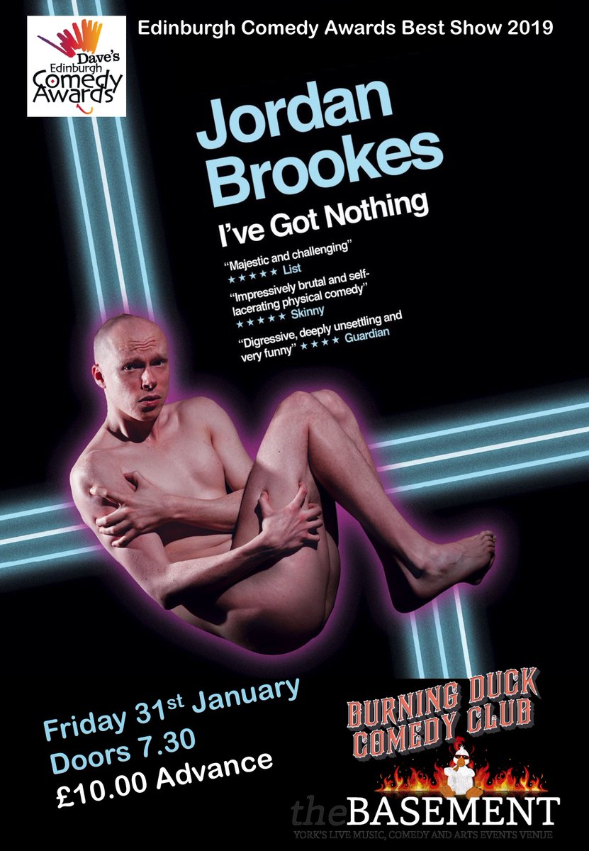 Jordan Brookes 'I’ve Got Nothing' has been listed as one of The Guardian's Top 10 comedy shows of 2019 and is coming to <a href="/CityScreenYork/">City Screen York</a> <a href="/TheBasementYork/">The Basement</a>.

'there’s no question he delivers one of the comic coups of this year’s fringe.' <a href="/guardian/">The Guardian</a> ★★★★

buff.ly/36BNv4G