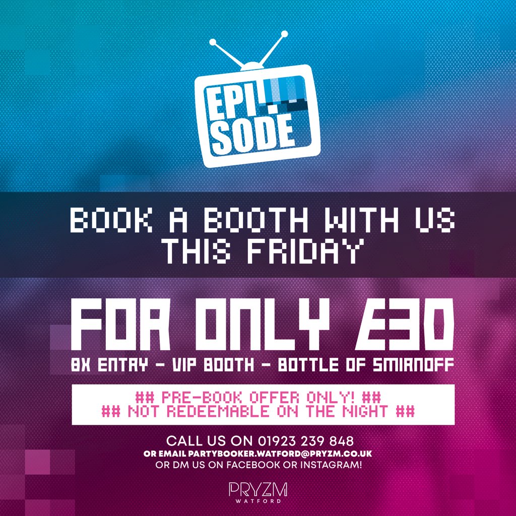 Joining us this weekend?
Check out the deal for Fridays!
Booth, Bottle of Smirnoff and Entry for up to 8, ONLY £30!
Call now to secure yours: 01923239848