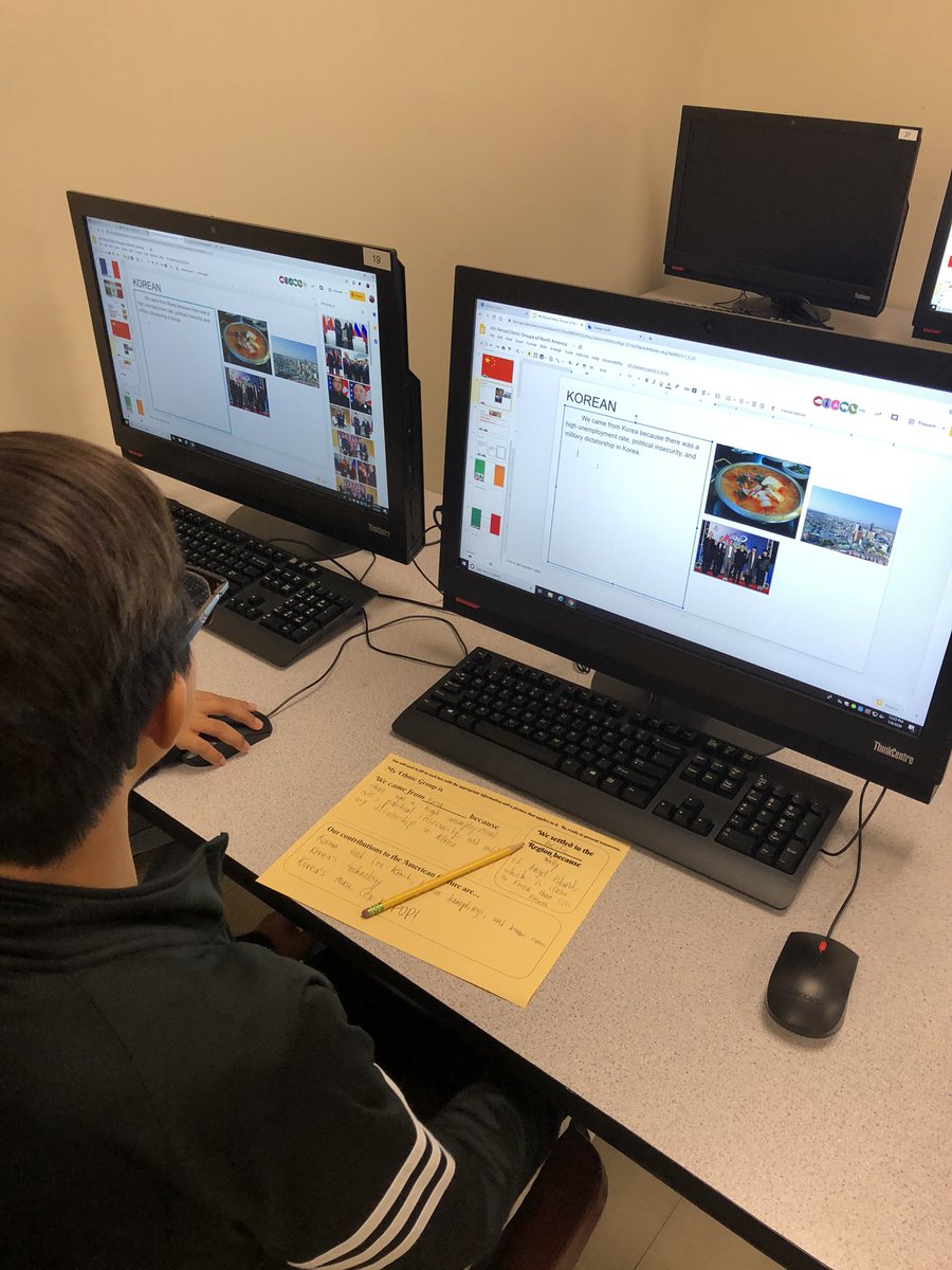 Mrs_Rowe12's tweet image. Ss working collaboratively to create a Google Slides presentation over popular ethnic groups in North America. #teamwork #research #creativeness #katyisd #cincopride