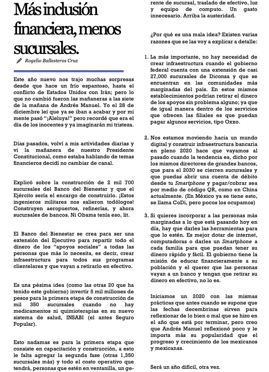 RogelioBalles's tweet photo. ¡Estamos de regreso!

Fueron unas vacaciones para reflexionar pero al parecer no para todos. 

Les dejo mi primera columna del año.

Más inclusión financiera, menos sucursales. https://t.co/HE1KSYllo4