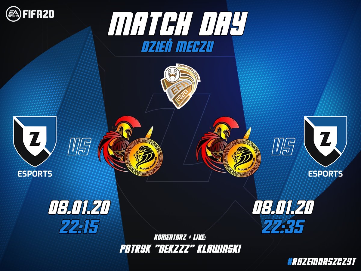 JUŻ DZIŚ późnym wieczorem LIVE stream z komentarzem Patryk "Nekzzz" Klawiński na którym <a href="/SPZawisza1946/">Zawisza Bydgoszcz</a>  zainauguruje rozgrywki Ligi Mistrzów <a href="/EfaEsports/">EFA ESports</a> !

Rywalem hiszpańskie Aluche Warriors. Zapraszamy na dwumecz. Pierwszy pojedynek rozpoczniemy o 22:15, rewanż o 22:35!