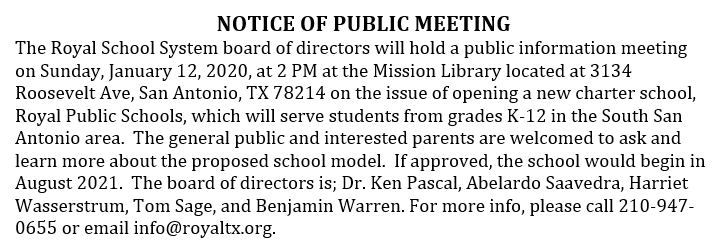 Visit us at the Mission Library at 2 PM on Sunday (1/12) and meet Royal Board members to learn about our proposed programs.