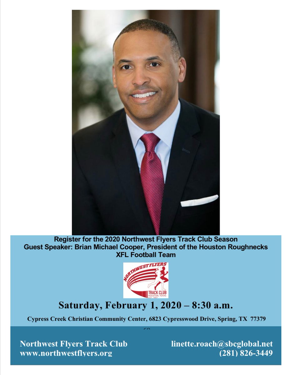 northwestflyers's tweet photo. Please make plans to join the Northwest Flyers Track Club at our 33rd annual season kickoff breakfast on Saturday, February 1, 2020! 
We are excited to announce Brian Michael Cooper, Esq. as our guest speaker at this year’s kickoff breakfast! https://t.co/XwL0wSZyti