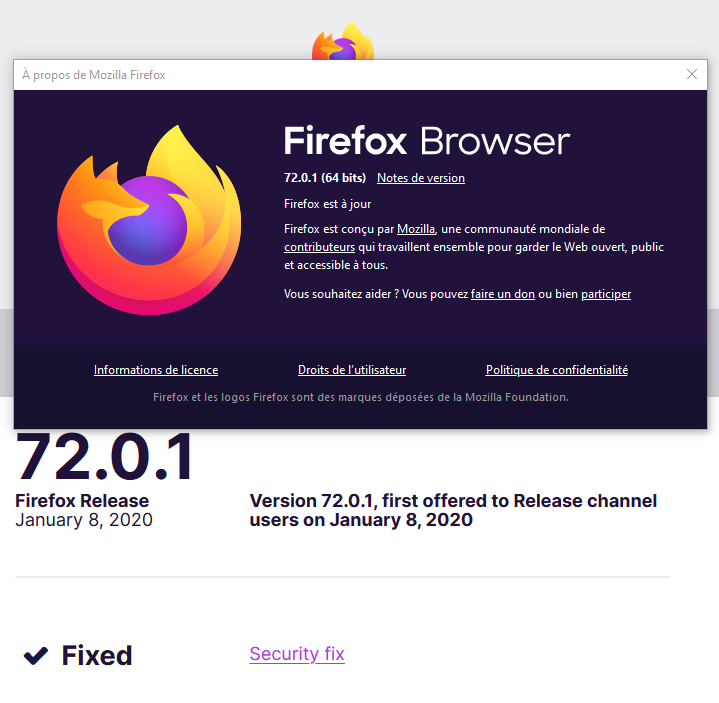 Notes de version et boîte de dialogue À propos de Firefox Browser 72.0.1