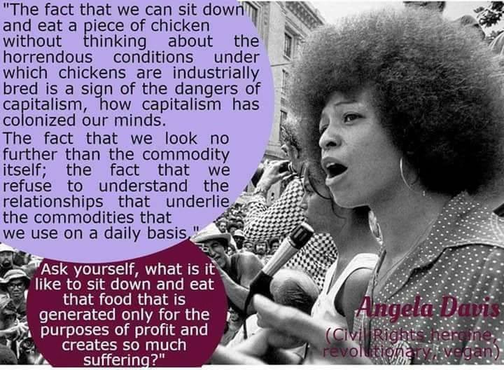 “going vegan is great but it’s a white thing!”- a list of 100 black vegans by aph ko:  http://www.blackvegansrock.com/blog/2016/5/18/we-have-featured-100-black-vegans- lauren Ornelas founder of the food empowerment project- cesear chavez was vegan/vegetarian for the last 25 years of his life- of course, Angela Davis!!