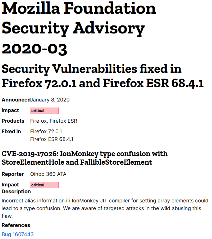 Mozilla Foundation Security Advisory 2020-03 / Security Vulnerabilities fixed in Firefox 72.0.1 and Firefox ESR 68.4.1