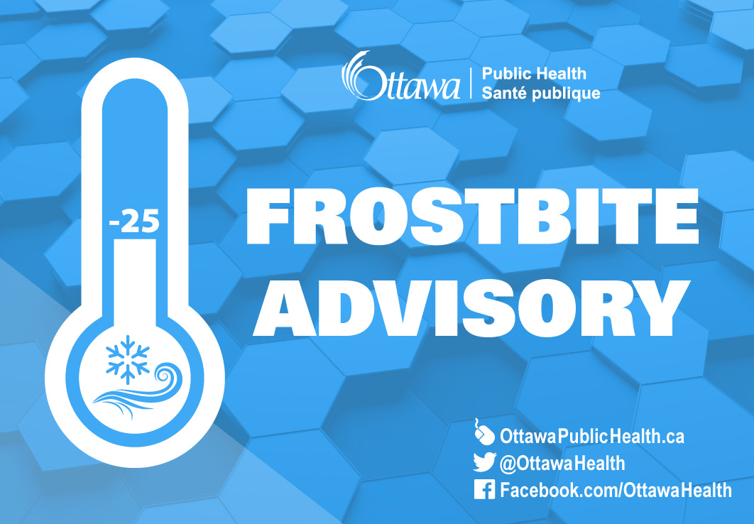 OttawaHealth's tweet image. FROSTBITE ADVISORY in effect: for overnight tonight and tomorrow morning as Environment and Climate Change Canada is forecasting windchill values colder than -25C.  

Look for the 4 "P"s of frostbite: ottawapublichealth.ca/frostbite