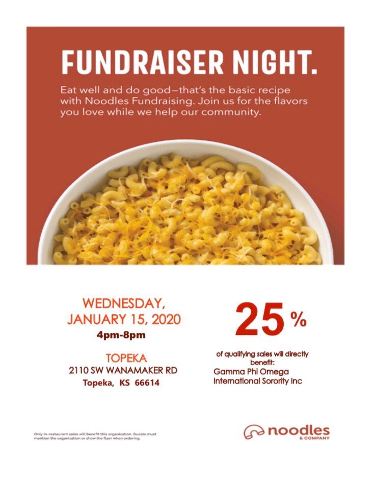 Please join us for our first fundraiser of this year! We will be at Noodles and Company on January 15, 2020 from 4pm-8pm. Don’t forget to tell the cashier you are supporting Gamma Phi Omega 🦢🍜