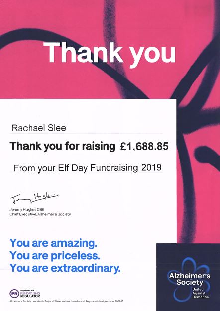 VOGCouncil's tweet photo. We raised £1688.85 on behalf of @alzheimerssoc and they recently sent us a certificate to say thanks!
We'd like to thank our Facilities manager, Rachael Slee for organising the day of events on #NationalElfDay 🧝♀️
https://t.co/c3zcRpP2a2 https://t.co/QEJDaQSm3x