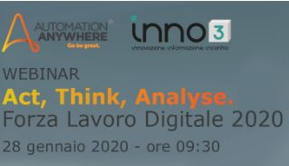 Inno3news's tweet photo. 28 gennaio 2020, ore 09:30
Act, Think, Analyse. Forza Lavoro Digitale 2020
Automation Anywhere presenta A2019 – la nuova frontiera dell’automazione intelligente “business driven”
🔜 Iscriviti al webinar  https://t.co/qsWMT3AeWc https://t.co/RkQlCKZl0S