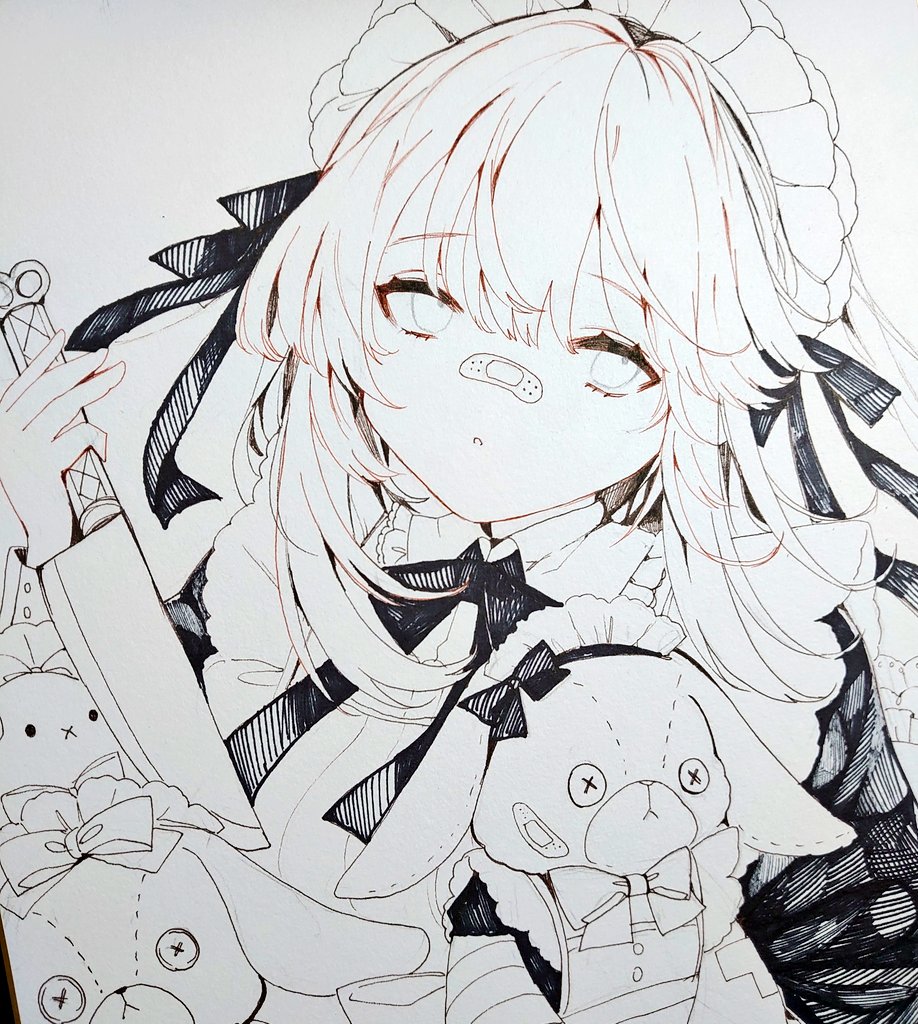 水彩 アナログイラスト ぬいぐるみとメイドちゃん 線画とぬりぬりしてる画 もんじのイラスト 水彩 アナログイラスト ぬいぐるみとメイドちゃん 線画とぬりぬりしてる画 もんじのイラスト