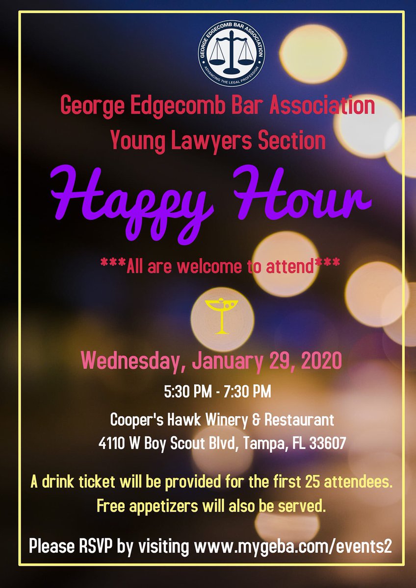 EdgecombBar's tweet photo. Join @EdgecombBar for our Young Lawyers Section #HappyHour on Wednesday Jan. 29 at @CHWinery in Tampa from 5:30PM-7:30PM. RSVP at https://t.co/atpwtuq9b2! #myGEBA #tampa #florida #lawyer #lawyers #blacklawyer #blacklawyers #blackattorney #blackattorneys π·π» https://t.co/8XcPuLp1dO