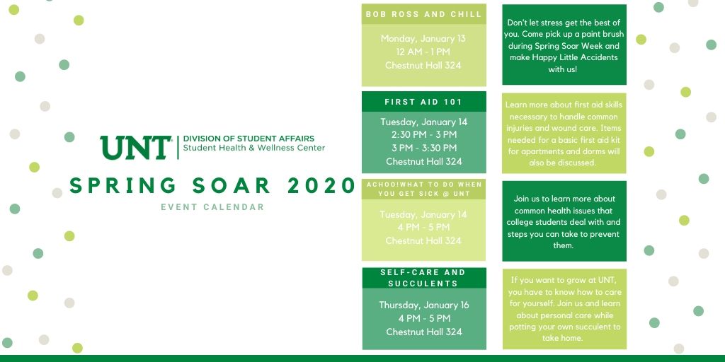 untSHWC's tweet photo. THIS WEEK! Join us for the #SpringSoar week to learn more about healthy living, and enjoy some fun activities. Events are available to all students, however Spring Soar students are a priority for entry. #UNT #UNTCares #SHWC @UNTsocial @UNT_DSA https://t.co/rH24pf3fZf