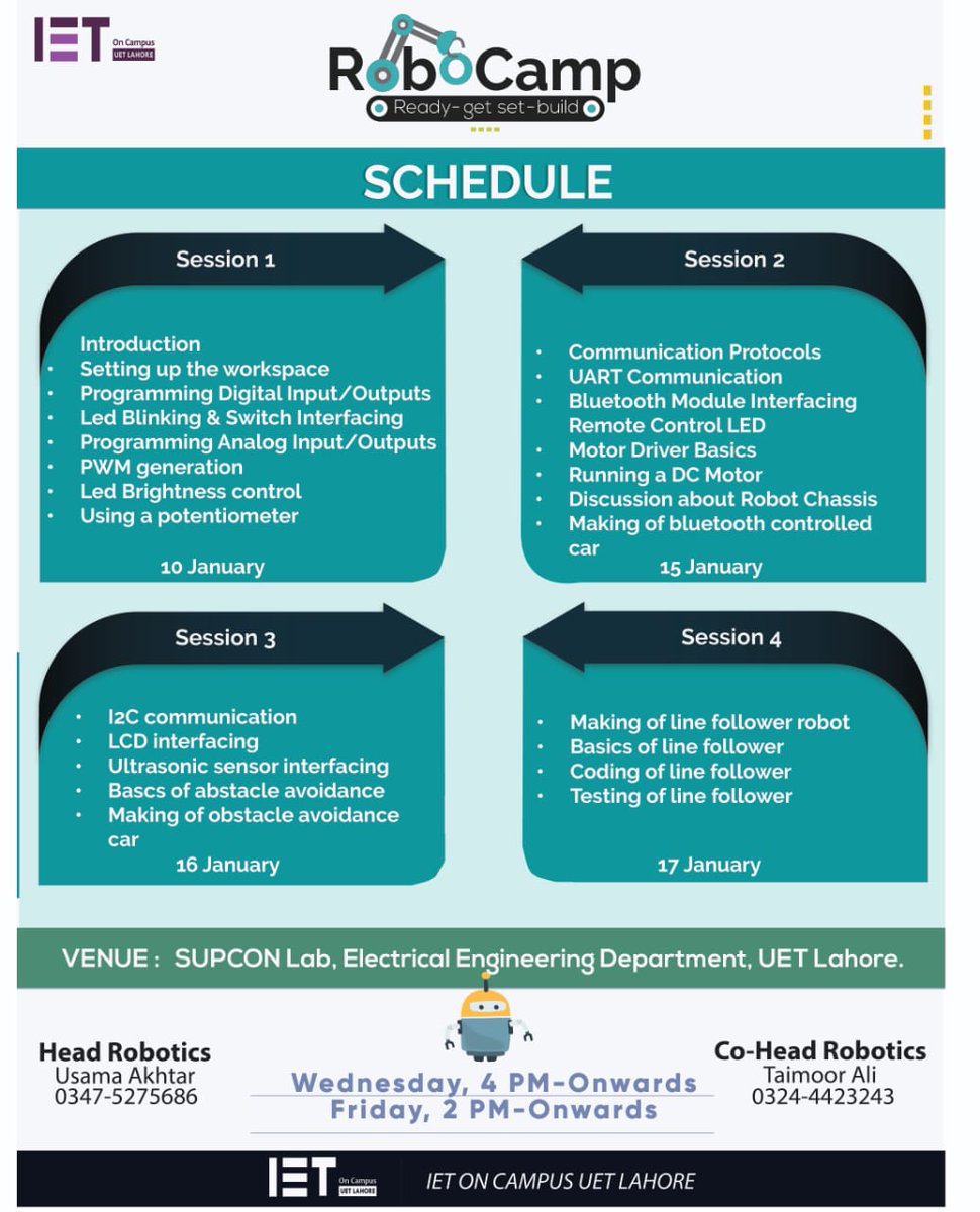 IETOnCampusUET's tweet photo. In continuation of previous post about RoboCamp https://t.co/2Rt51LUdMG
IET On Campus UET Lahore presents you the schedule and venue details of RoboCamp.
Session of 17 and 18 encouraged to attend RoboCamp.
• Visit: https://t.co/s7yqpOUHBn
#RoboCamp
#IETOnCampus
#UETLahore https://t.co/o4ytZ5PyGM