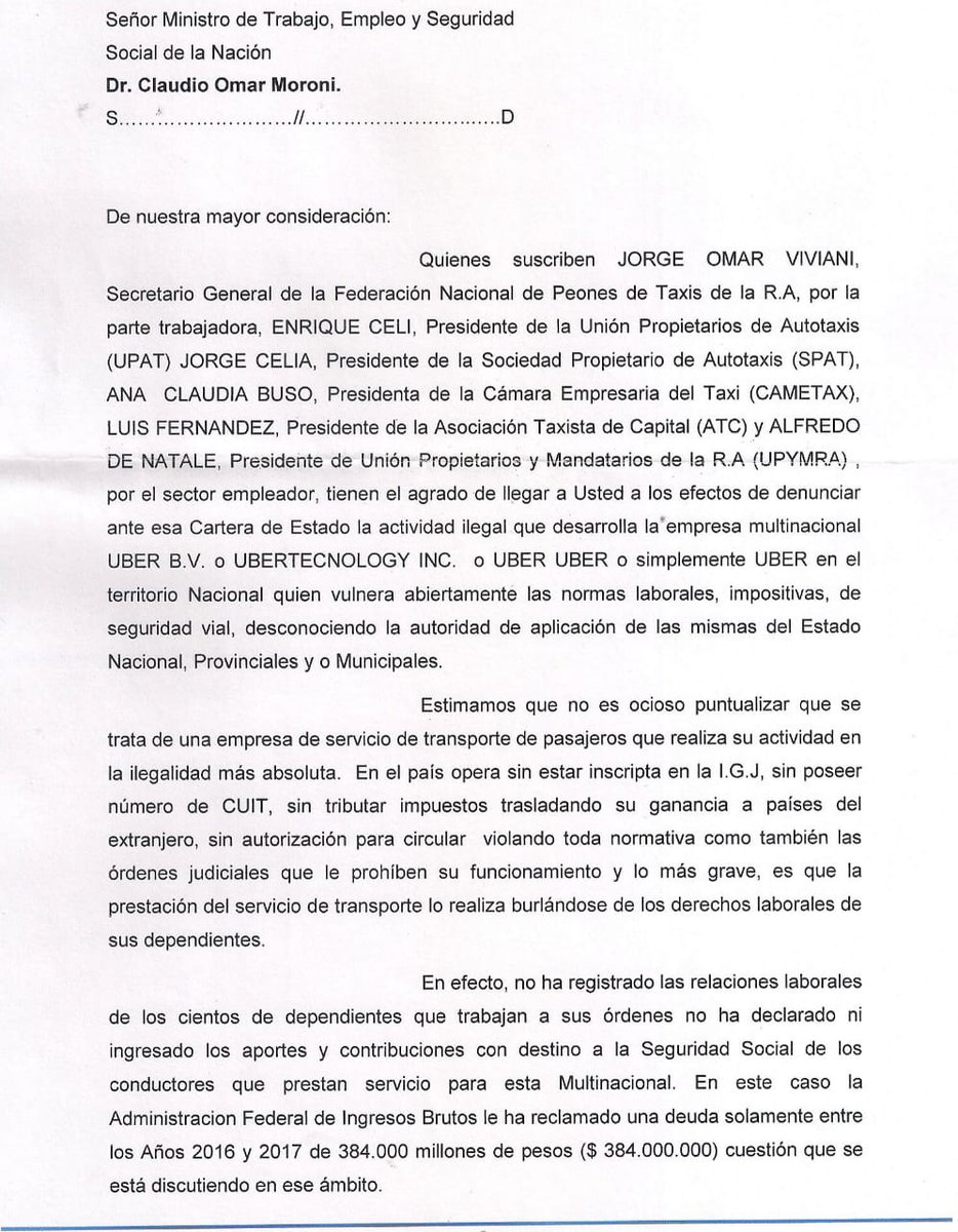 taxistasdecapit's tweet photo. Documento presentado y entregado por la Mesa de Unidad taxista (SPT/ SPAT/ UPAT/ UPYMRA/ CAMETAX/ ATC) al Ministro de Trabajo Claudio Moroni, el día 07 de enero del 2020 en su despacho. https://t.co/nxxv1O73O5