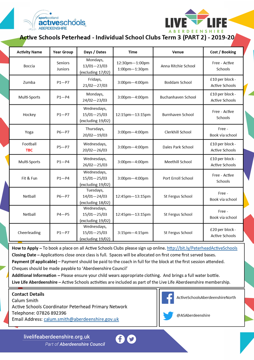 ASAberdeenshire's tweet photo. #ActiveSchoolsPeterhead Term 3 programme
Getting back into the swing of things now, if you have not already signed up for the #ActiveSchools activities running, sign up online:
https://t.co/ABg92t3fIW
#gettingmoreactive
@BuchanhavenPS @Clerkhillschool @Dales_Park
@StFergusSch https://t.co/d5NwN507cc