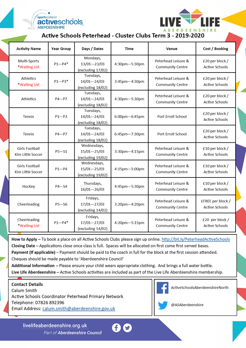 ASAberdeenshire's tweet photo. #ActiveSchoolsPeterhead Term 3 programme
Getting back into the swing of things now, if you have not already signed up for the #ActiveSchools activities running, sign up online:
https://t.co/ABg92t3fIW
#gettingmoreactive
@BuchanhavenPS @Clerkhillschool @Dales_Park
@StFergusSch https://t.co/d5NwN507cc