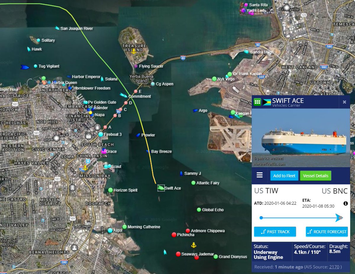 Milhooz's tweet photo. #SwiftAce is currently near SFO Anchorage even though it is expected at Benicia. I don't believe this is a Tesla ship but the path is weird.
@FMossotto @mortenlund89 @rmattila74 @whitfletcher https://t.co/XcEY8nFHOl