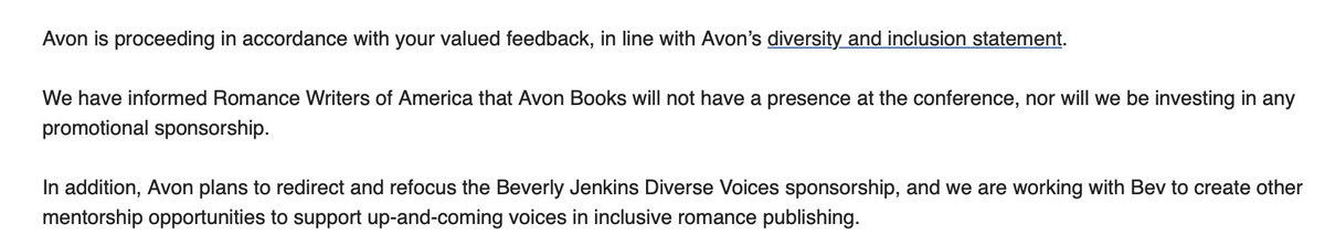 sparkjoyromance's tweet photo. The first major Publisher has made the right move and an important stance with this directive to RWA. HarperCollins Canada &amp; Harlequin will not attend RWA 2020 Nationals. 

Additionally Avon will not be attending and refocusing the Beverly Jenkins Diverse Focuses sponsorship. https://t.co/nikzFbzGY9